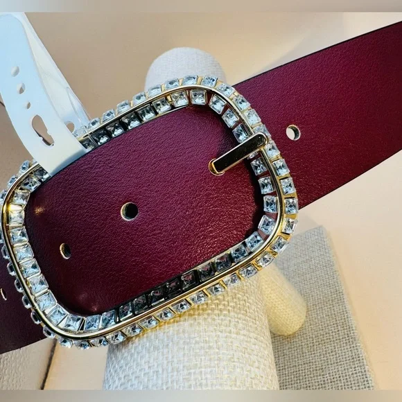 Steve Madden Reversible Vegan Leather Belt Black Burgundy Rhinestone Buckle Med. - Picture 8 of 12
